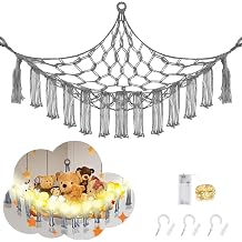 CERETIA Stuffed Animal Hammock Large Corner Plushie Net Storage, Grey | With LED Light, Large Stuffed Animals Storage for Kids Room Decor