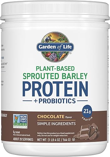 Garden of Life Proteína de cebada germinada a base de plantas + probióticos, ingredientes simples, 0.74 oz de proteína, chocolate, 20 porciones