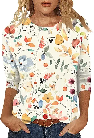 HTHLVMD Womens 3/4 Length Sleeve Tops 2025 Fall Fashion Floral Print Crewneck Causal Trendy Tunic Tops for Women