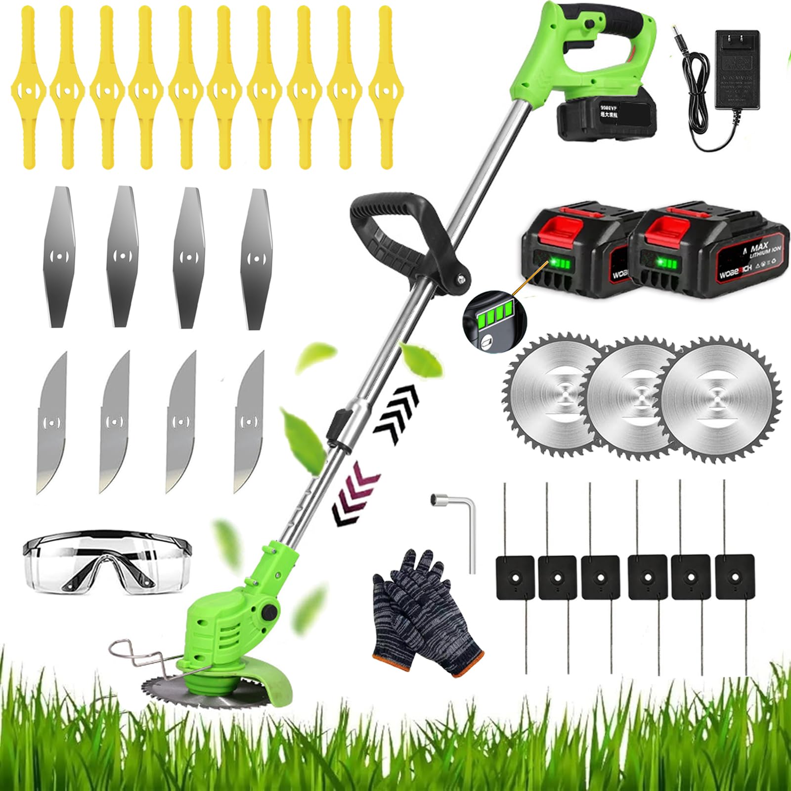 KEJSNDXC Garden Cordless Strimmer, Metal Blade Electric Grass Trimmer, Height Adjustable Grass Trimmer, Lightweight Push Wheels Lawn Mower,For Garden Clearing Weeds Trees,5 Types Blades (green)