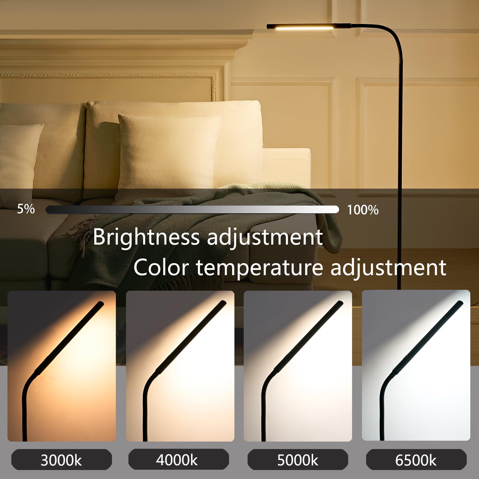 HUAKEY LED Floor lamp, Dimmable Adjustable Modern Standing Light, 5 Colour Temperatures, with Foot Switch, Timer - Image 2