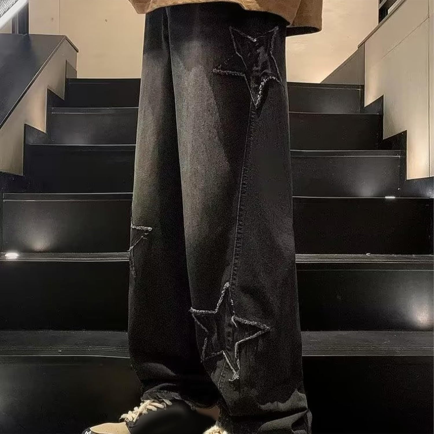 Cambkatl Men's Baggy Stars Graphic Jeans Wide Leg Casual Loose Fit Streetwear Denim Pants with Pockets