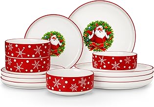MALACASA Plates and Bowls Sets, 12 Pieces Christmas Porcelain Dinnerware Set for 4, Ceramic Dishware Dishes Kitchen Dinner Dining Ware Set, Microwave and Dishwasher Safe, Series LUNA-Santa Claus