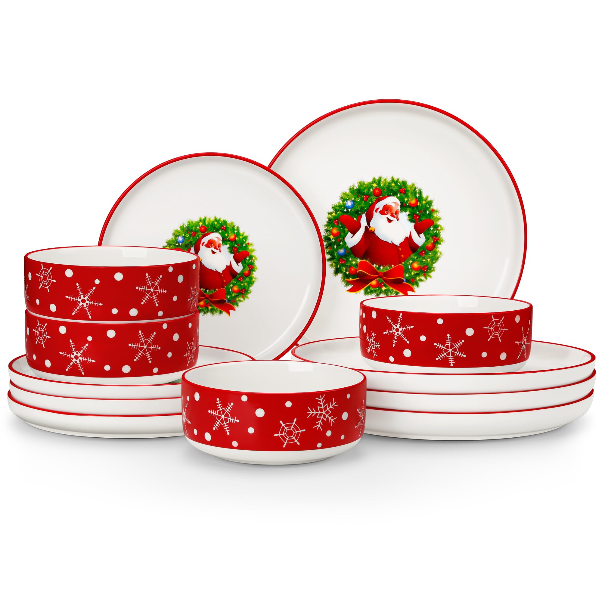 MALACASA Plates and Bowls Sets, 12 Pieces Christmas Porcelain Dinnerware Set for 4, Ceramic Dishware Dishes Kitchen Dinner Dining Ware Set, Microwave and Dishwasher Safe, Series LUNA-Santa Claus