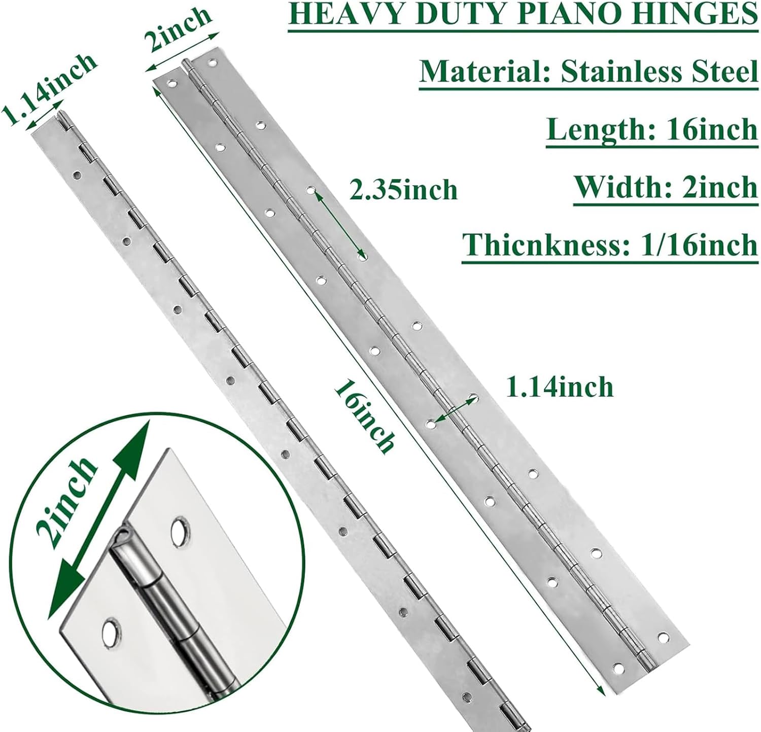 4Pack Heavy Duty Piano Hinge, 2" Open Width x 16" Continuous & Piano Hinges, 0.06” Thick Stainless Steel Piano Hinge with Holes, Polished Stainless Furniture Hinges for Cabinet Door Cases Woodworking