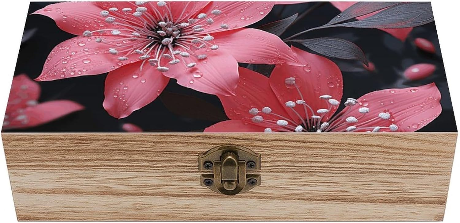 And Black Flower Wooden Storage Box with Hinged Lid