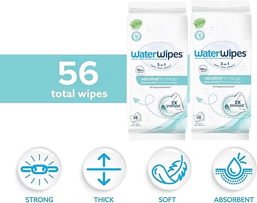 Miniatura 2 de WaterWipes Toallitas On The Go, toallitas 99.9% a base de agua para viajes, deportes y para refrescar la piel, sin perfume e hipoalergénicas, 28