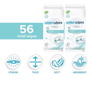 WaterWipes Sensitive+ On The Go Wipes, 3-In-1 Cleans, Cares, Protects, 99.9% Water, Unscented & Hypoallergenic Wet Wipes, 28 Count (Pack of 2)