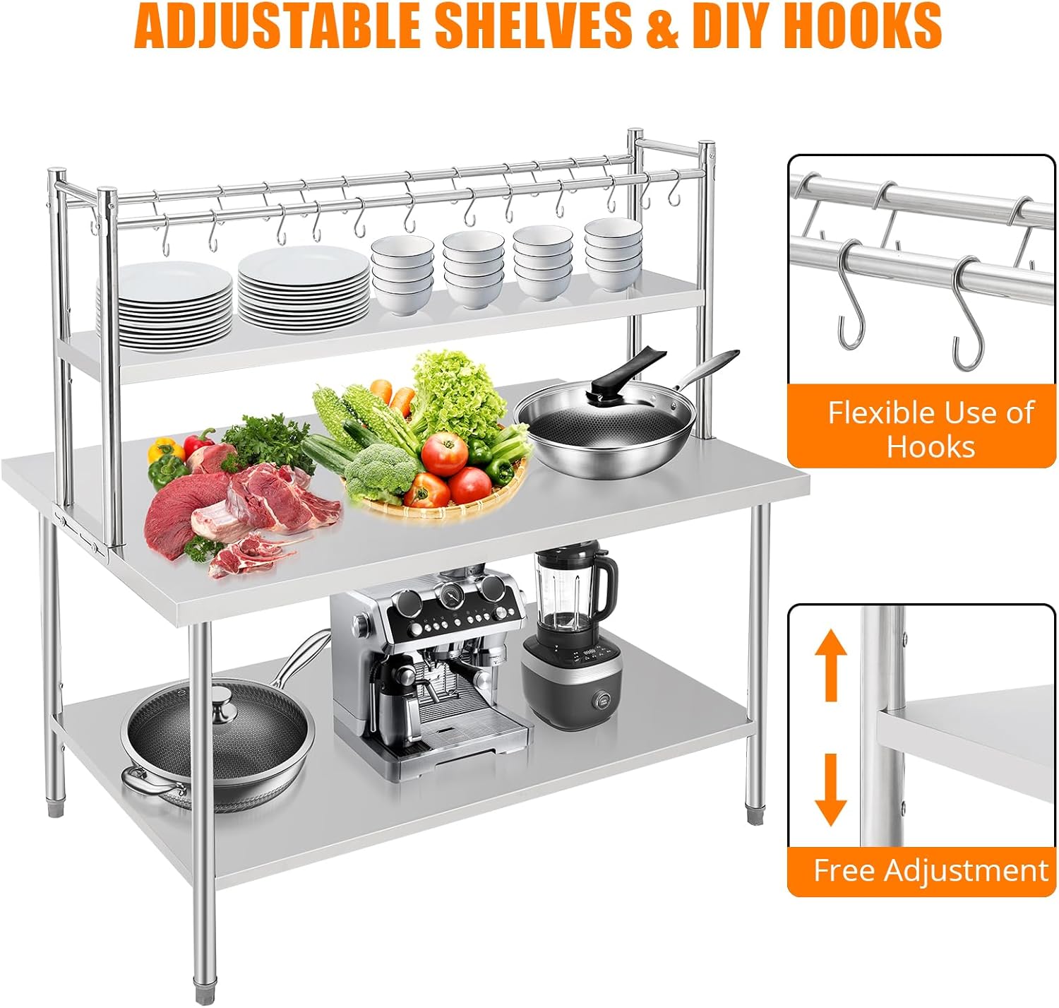 60" x 36" Stainless Steel Table with Shelves, Commercial Work Table with 2-Tier Adjustable Overshelves, Heavy Duty Metal Prep Tables for Commercial Kitchen Restaurant Garage Warehouse