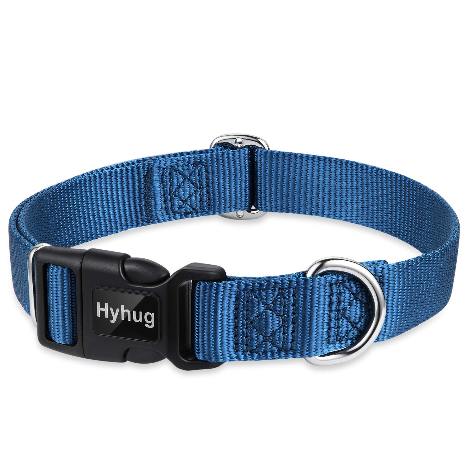 Hyhug Pets Solid Color Classic Regular Heavy Duty Basic Collar for Large Breeds Dogs, Unique Design Adjustment Triglide Slide (Buckle) Can Attached Name Tag Accessories. (Large, Classic Blue)
