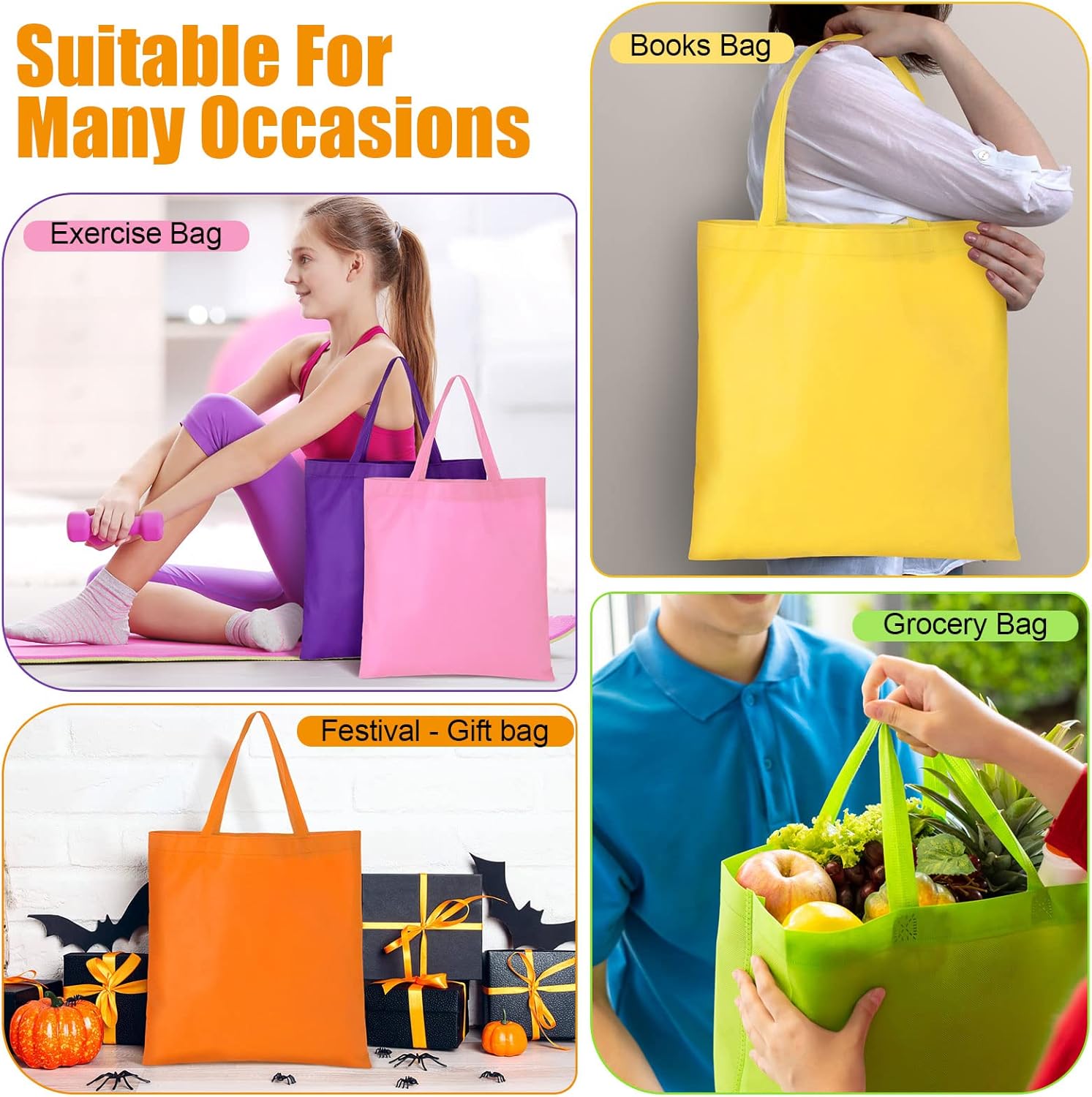 Woanger 100 Pcs Bulk Tote Bags 15'' x 16'' Reusable Fabric Shopping Canvas Bags Cloth Totes with Handles