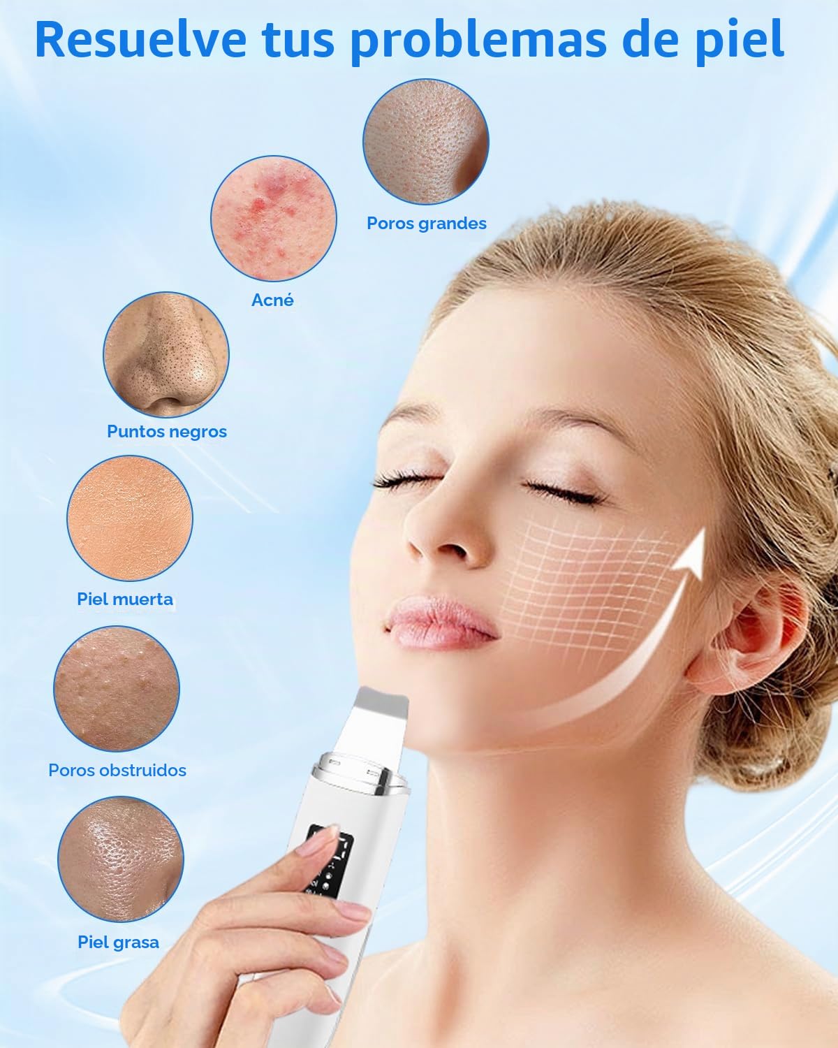 Peeling Ultrasonico Facial, Viene con 4 Modos Faciales e Intensidad Ajustable, Paleta Ultrasonica Facial Profesional, Luz Roja y Azul, Pantalla LED y Función de Apagado Automático