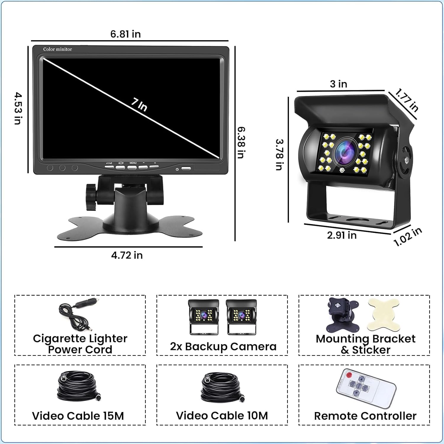Hikity Kit Telecamera Retromarcia per Auto con Monitor LCD da 7 Pollici+2 Telecamera Posteriore, IP67 Impermeabile Visione Notturna per Camper Caravan LKW 12V-24V con Caricatore per Auto+10&15M Cavo