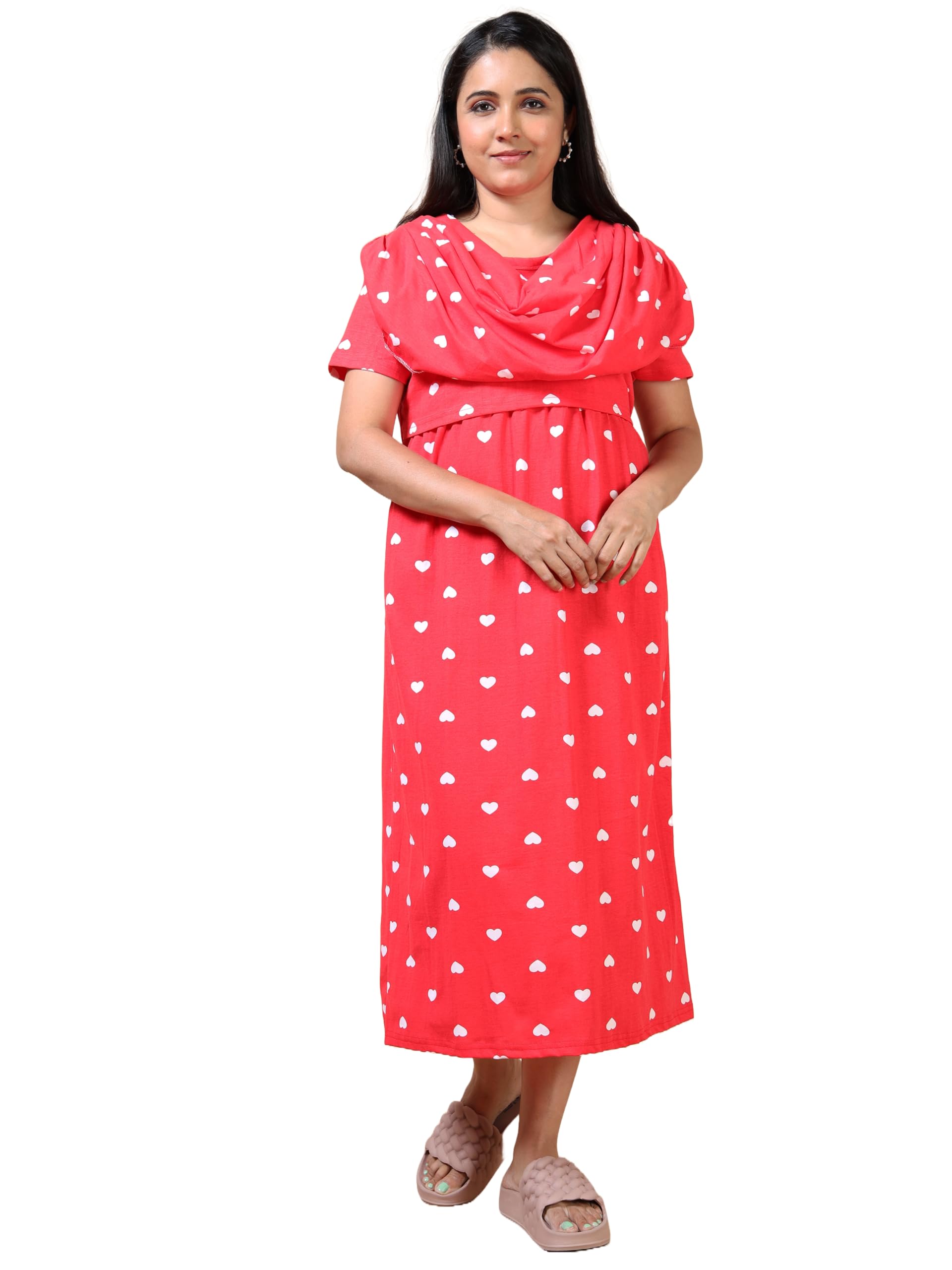 Women's Coral Red Maternity Dress with Heart Print Pattern Short Sleeve Draped Dupatta Style-image-18