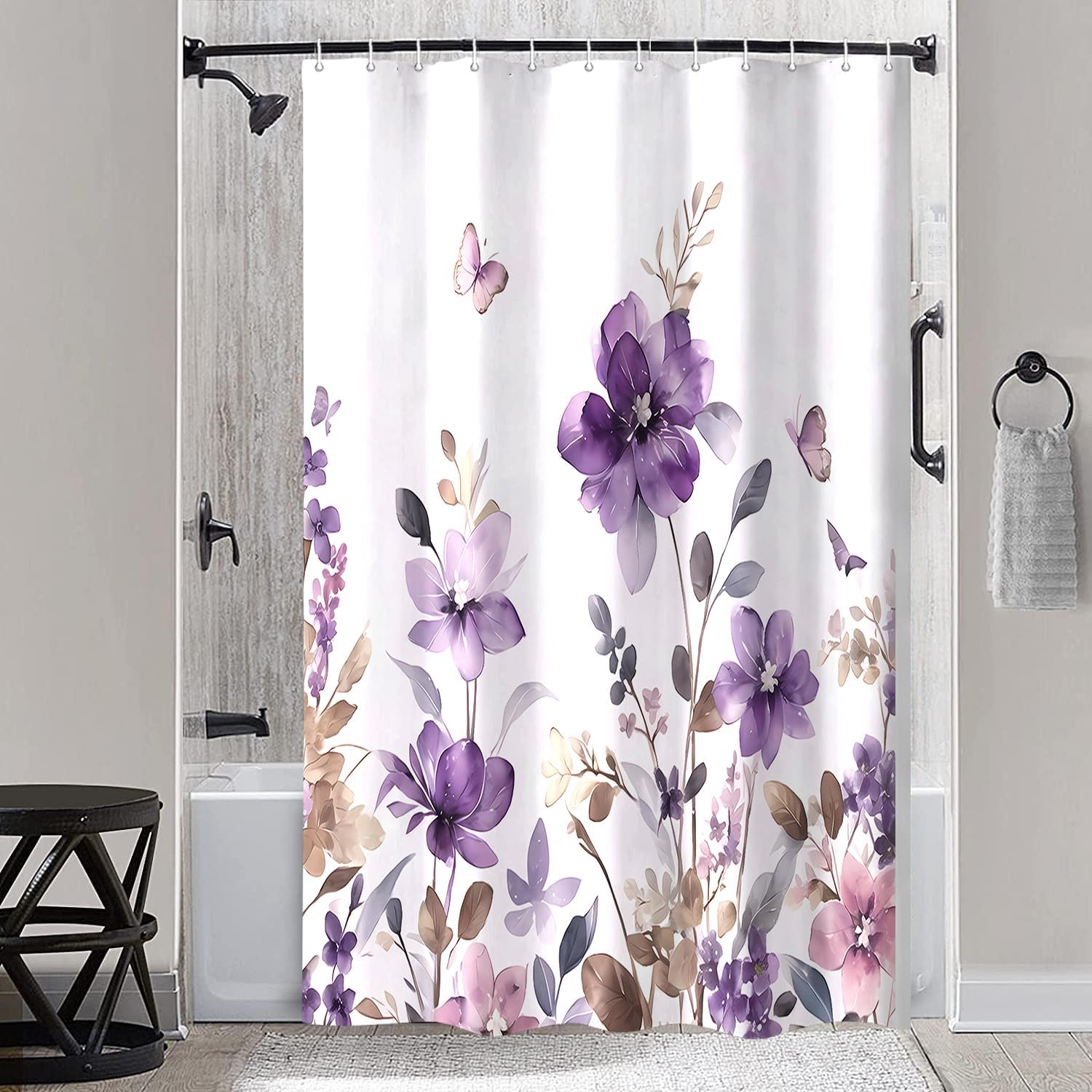 Purple Floral Shower Curtain, Purple Lavender Floral Butterfly Boho Shower Curtains for Bathroom, Farmhous Flower Cute Fabric Shower Curtain Set with 12PCS Hooks, 70X85IN