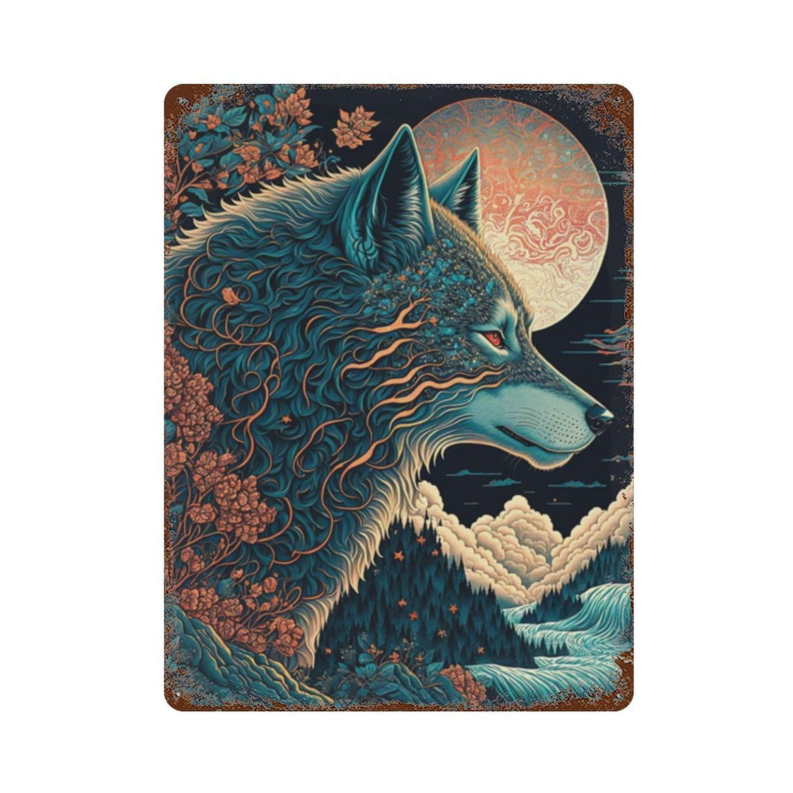 Wolf Moon Fantasy Art Print Distressed Metal Wall Sign 15.7"x11.8", Shabby Chic Decor for Garage, Pub Or Kitchen
