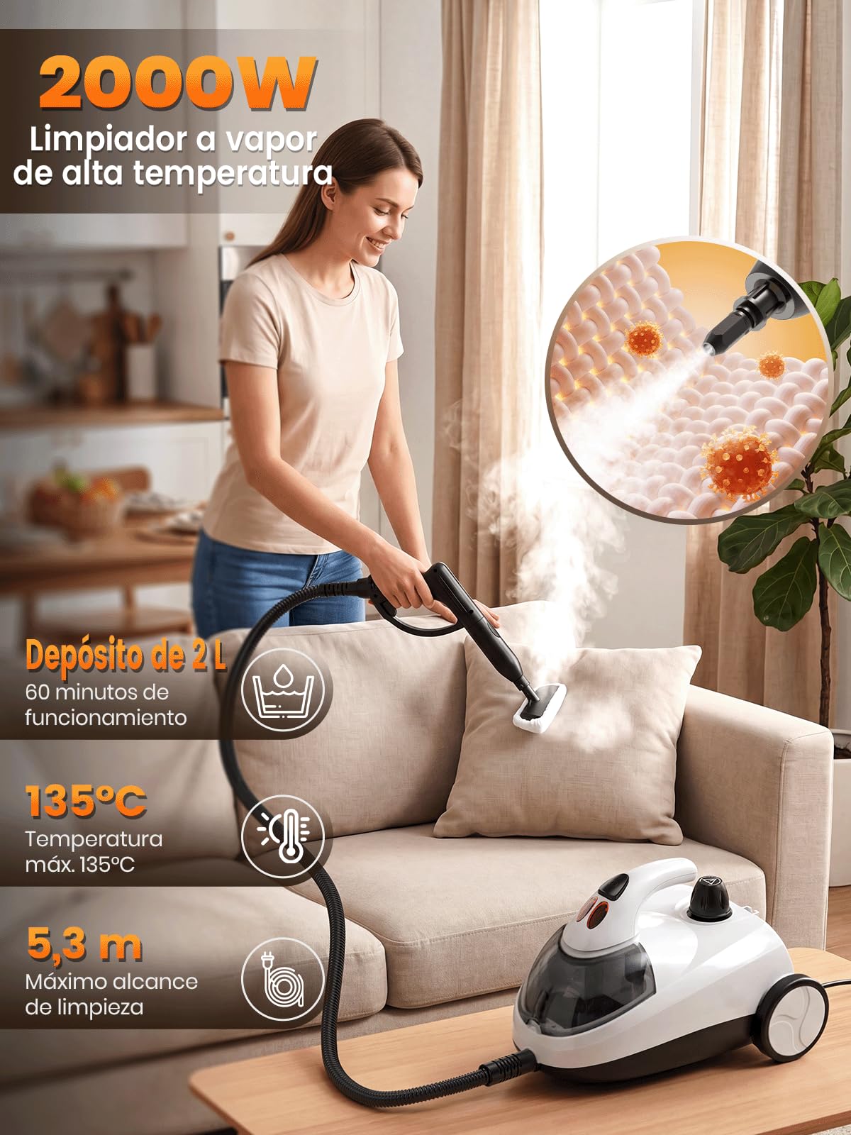 Limpiador de Vapor Portátil 2000W, 16 Accesorios, Blanco perla | Depósito 2L, 135°C Alta Temperatura, 60 Min de Vapor, Alcance 5,3 m, Para Hogar, Juntas, Sofá, Baño y Coche