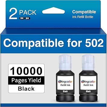 YingColor Compatible Ink Replacement for Epson 502 T502 Black Ink Refill Bottles Work with Printer ET-2750 ET-2760 ET-2850 ET-3750 ET-3760 ET-3850 ET-4850, 2-Pack, Black Bottles