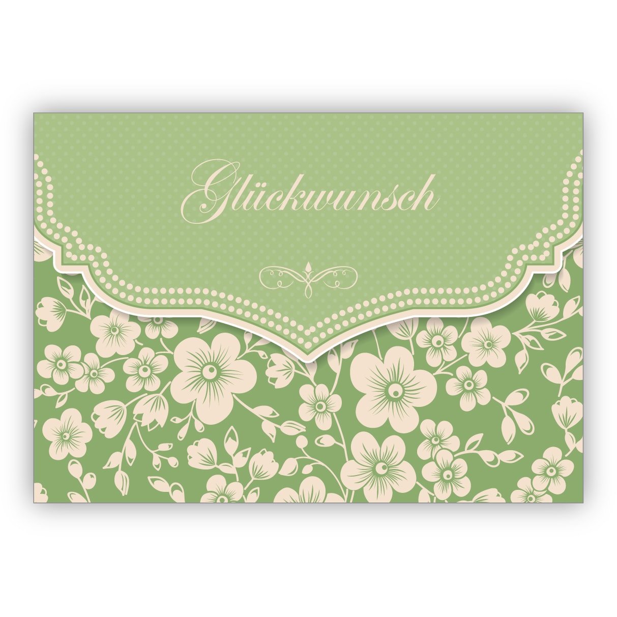 16x Grüne Vintage Glückwunschkarte mit Retro Kirschblüten Muster zur Hochzeit, Taufe, Geburt, Examen etc: Glückwunsch • schöne Gruss Klappkarte innen blanko für liebe Worte