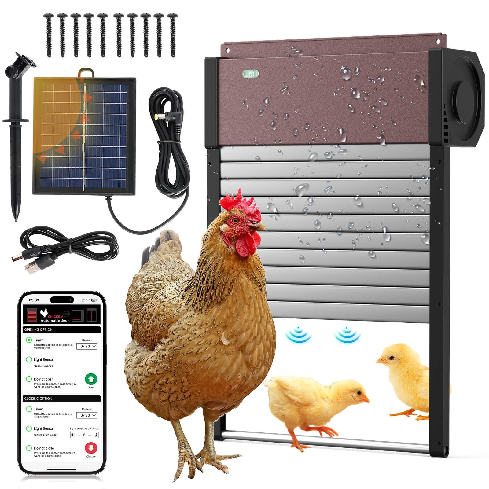 Solar Powered Chicken Coop Door, App Control AntiPinch Chicken Coop