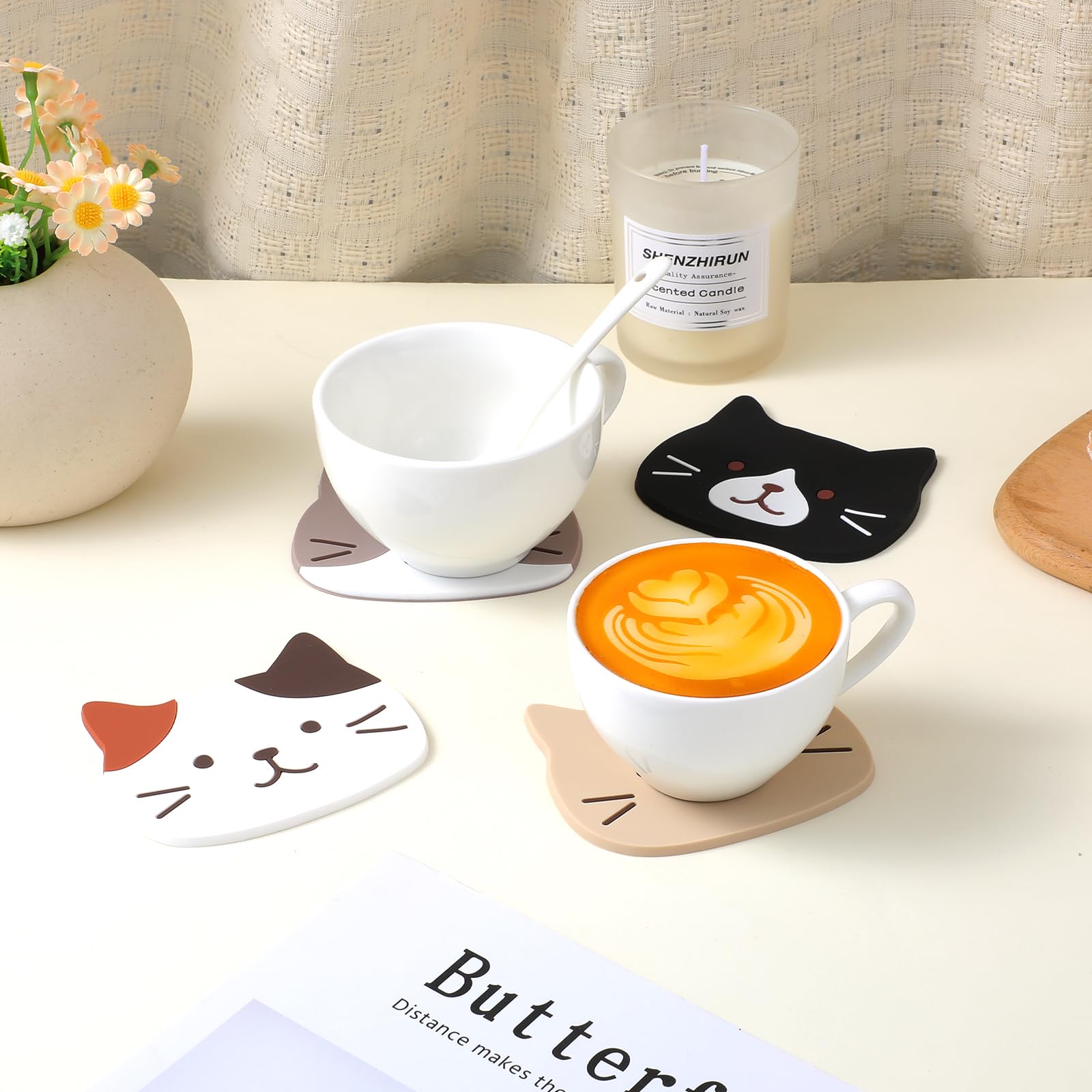 4 posavasos divertidos de gato para bebidas, lindo portavasos de gato, posavasos pequeños de silicona para decoración de mesa de café, comedor, almohadillas calientes antideslizantes para bebidas, té 3