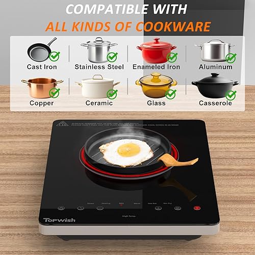 Miniatura 6 de Estufa eléctrica de 110 a 120 V, control táctil LED, bloqueo infantil, 10 niveles de potencia, indicador de calor residual, 1300 W enchufable para