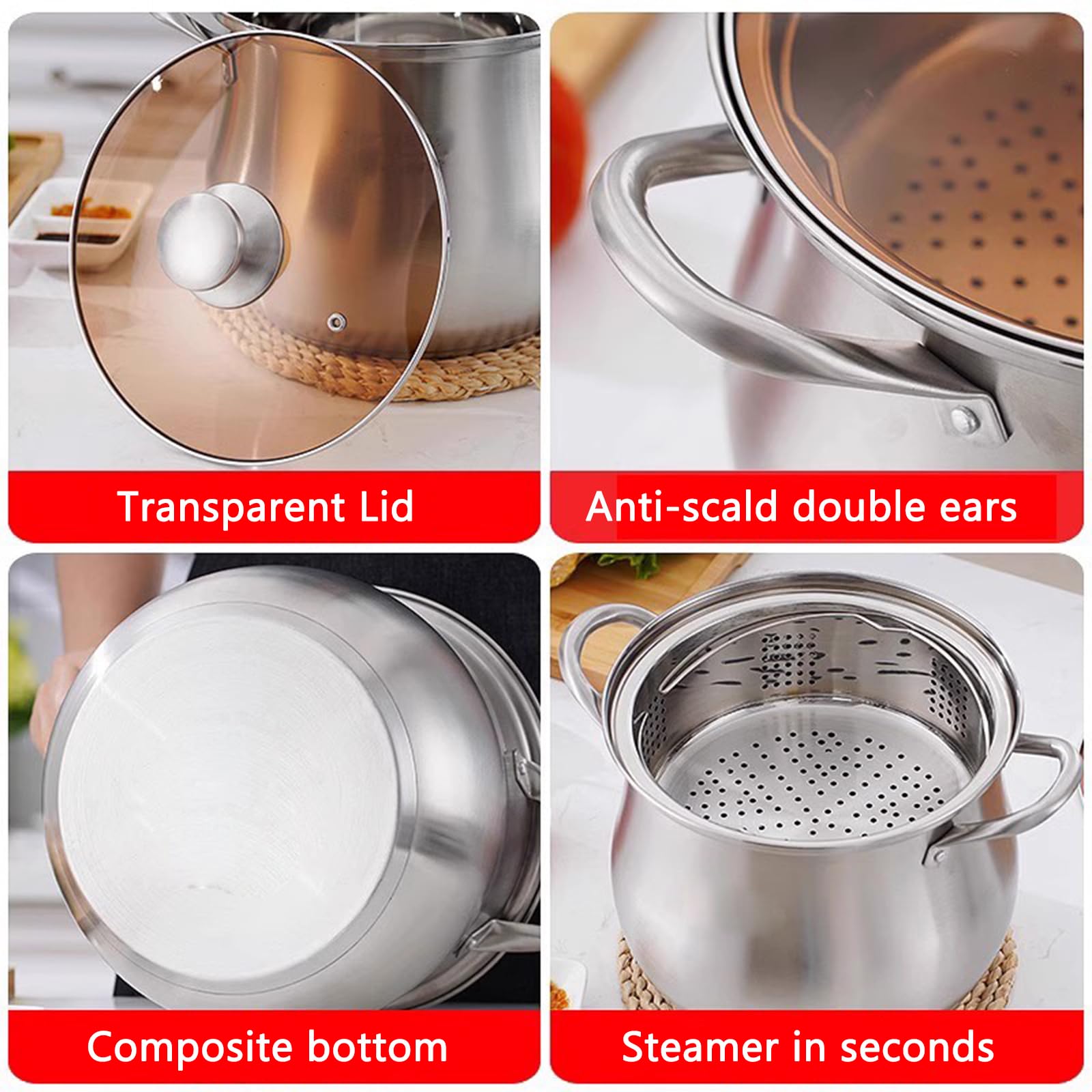 Vaporera de acero inoxidable de 2 niveles, olla a presión grande de metal, olla a presión con tapa de vidrio templado para verduras, tamales, albóndigas, huevo, salsa (24 cm)