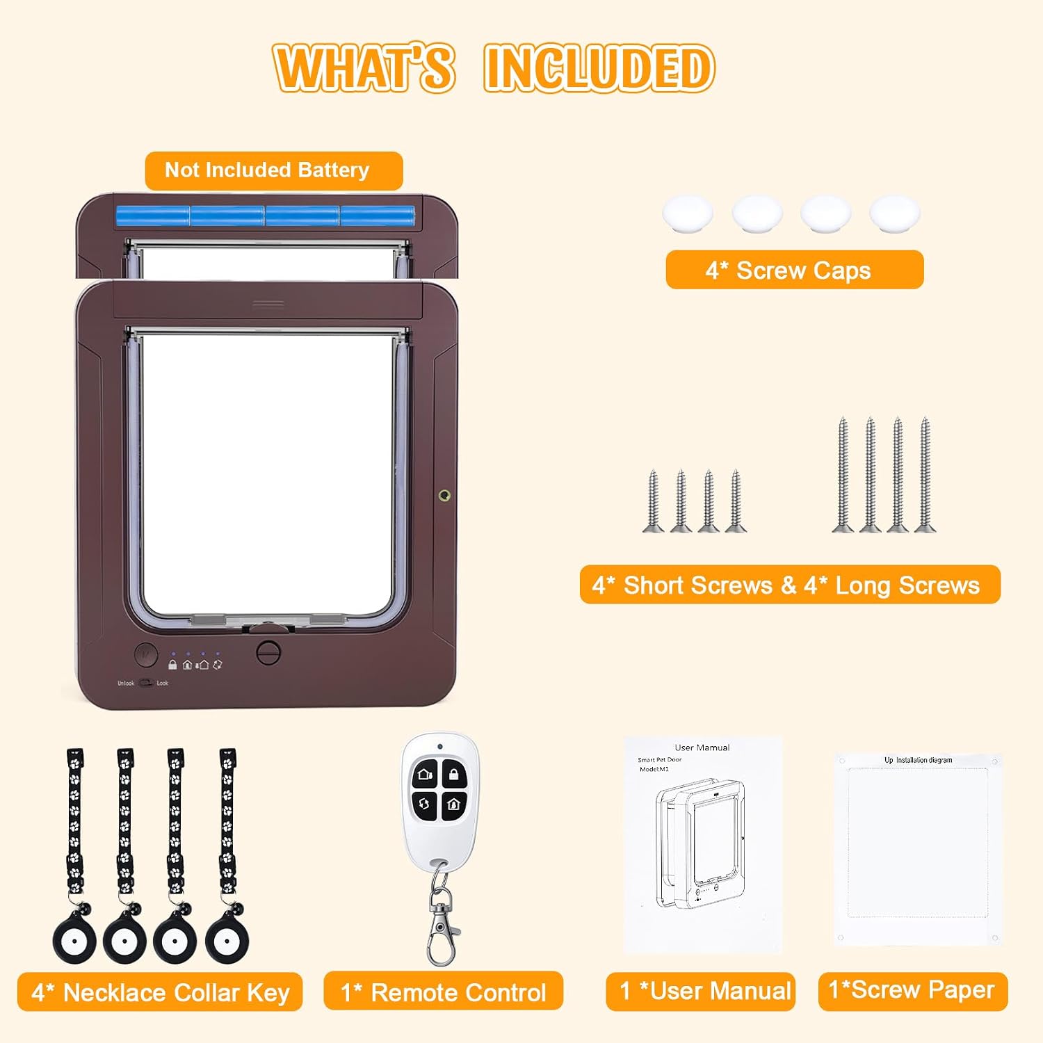 Smart Cat Door with 4 Collar Sensor Key, RFID Cat Door Collar Activated with Remote Control, 4 Way Locking Cat Flap Automatic Pet Door Interior & Exterior(Brown)