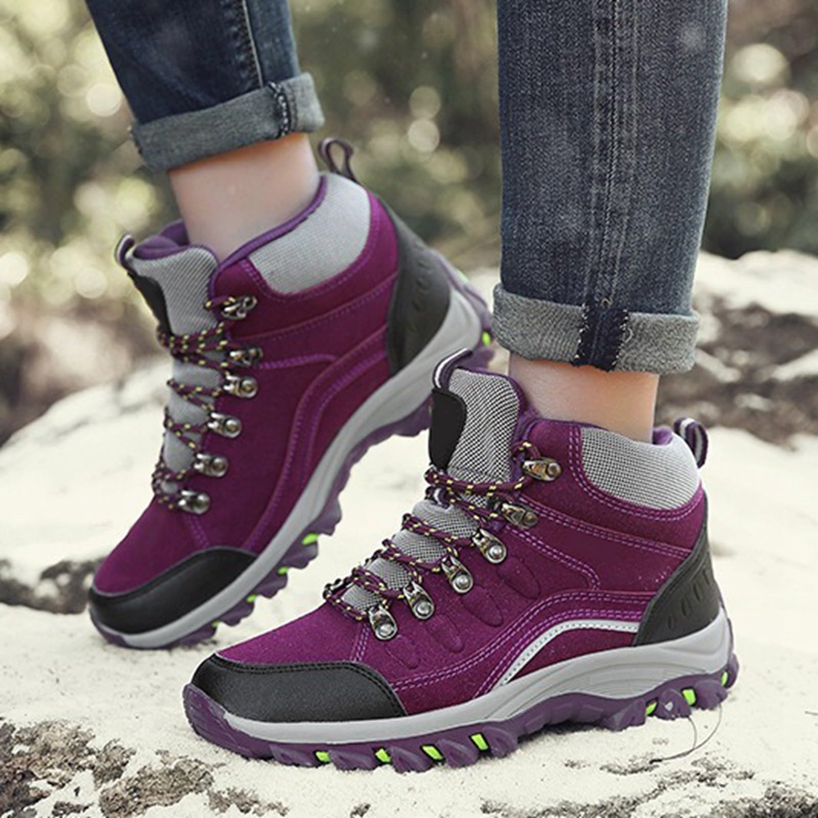 Botines senderismo Altos Mujer impermeable antideslizante, zapato Trekking Montaña suela dentada aislada, 3 colores azul púrpura rojo para caminar, camping al aire libre