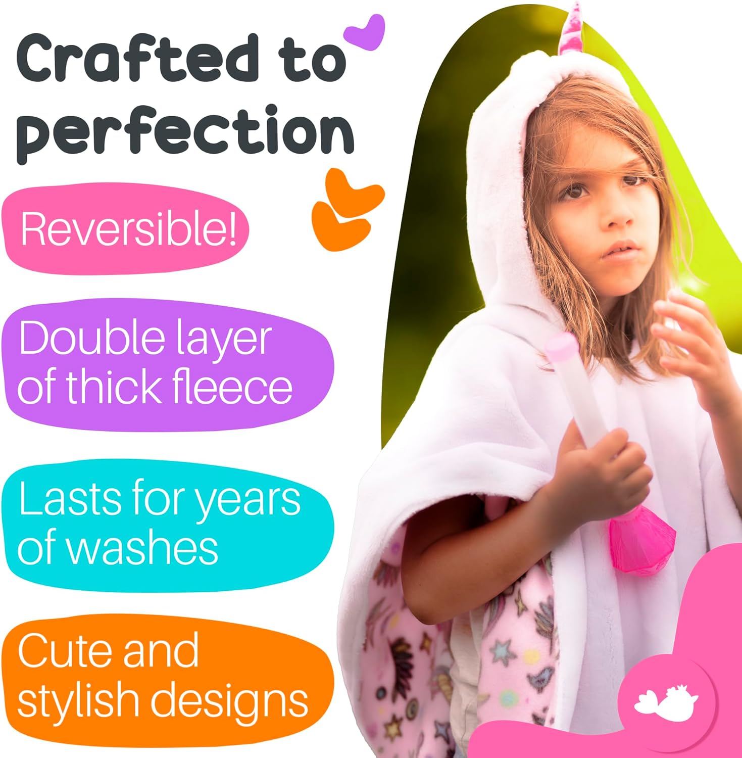 Birdy Boutique Car Seat Poncho for Kids – Reversible Warm Blanket with Hoodie – Safe to Use Over Seat Belts – Easy On, Easy Off, and Doesn’t Impact Seat Performance - Unicorn – One Size - Image 6