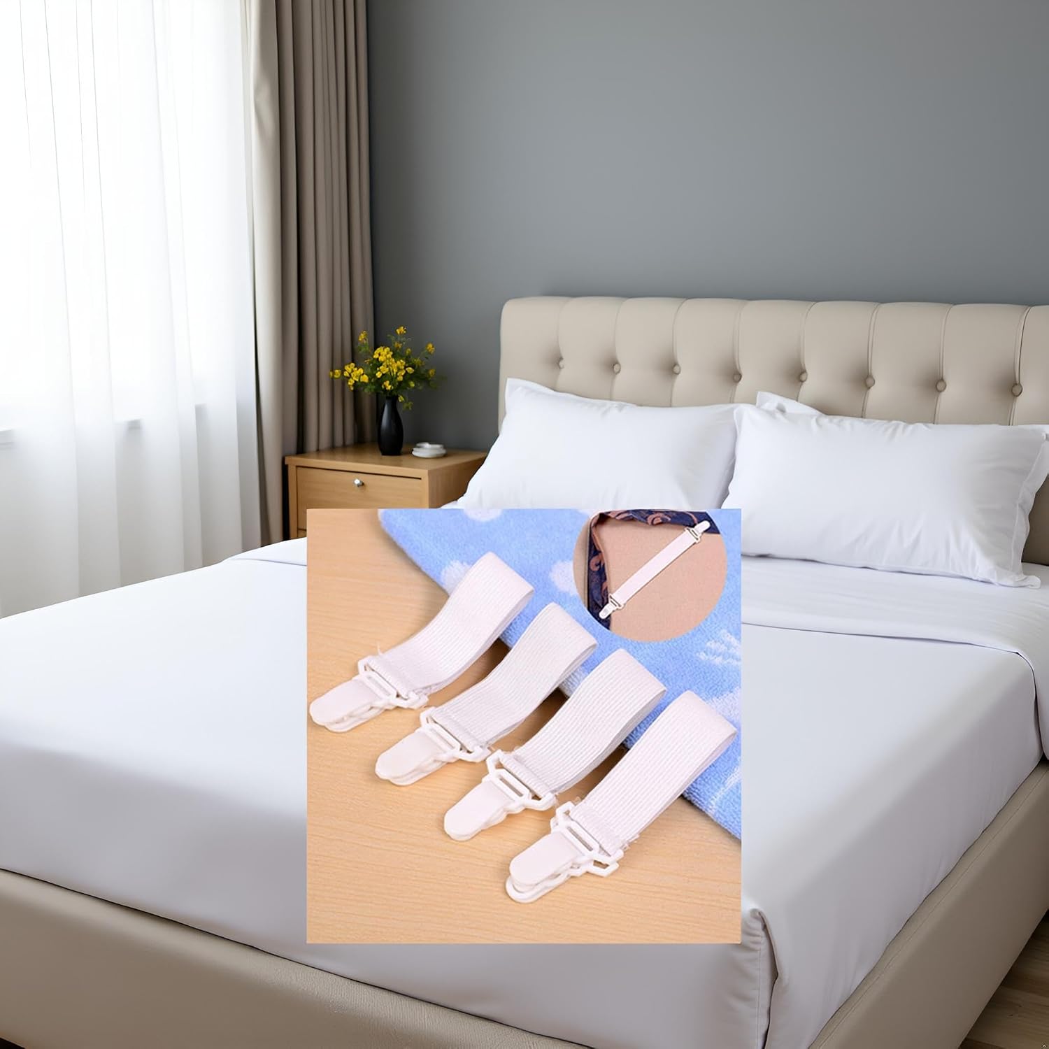 Bed Sheet Straps, Grippers to Hold Sheet, Elastic Mattress Sheet Fasteners Holder and Suspenders, Mattress, Sofa, Couch, Table Cloth, Recliner Ironing Board for Twin Queen King Mattress White