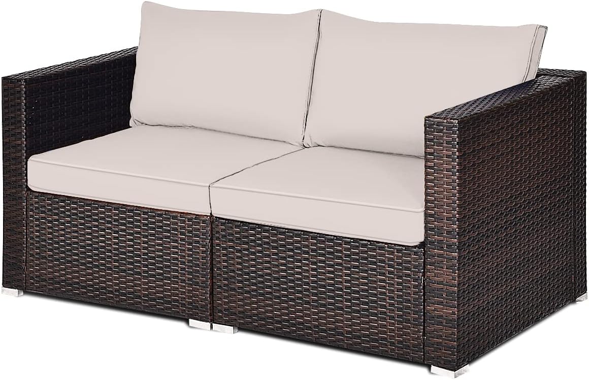 HAPPYGRILL 2 Pieces Patio Sofa Set Rattan Wicker Corner Sofa Set with Zippered Cushions for Backyard Balcony Porch Garden Poolside