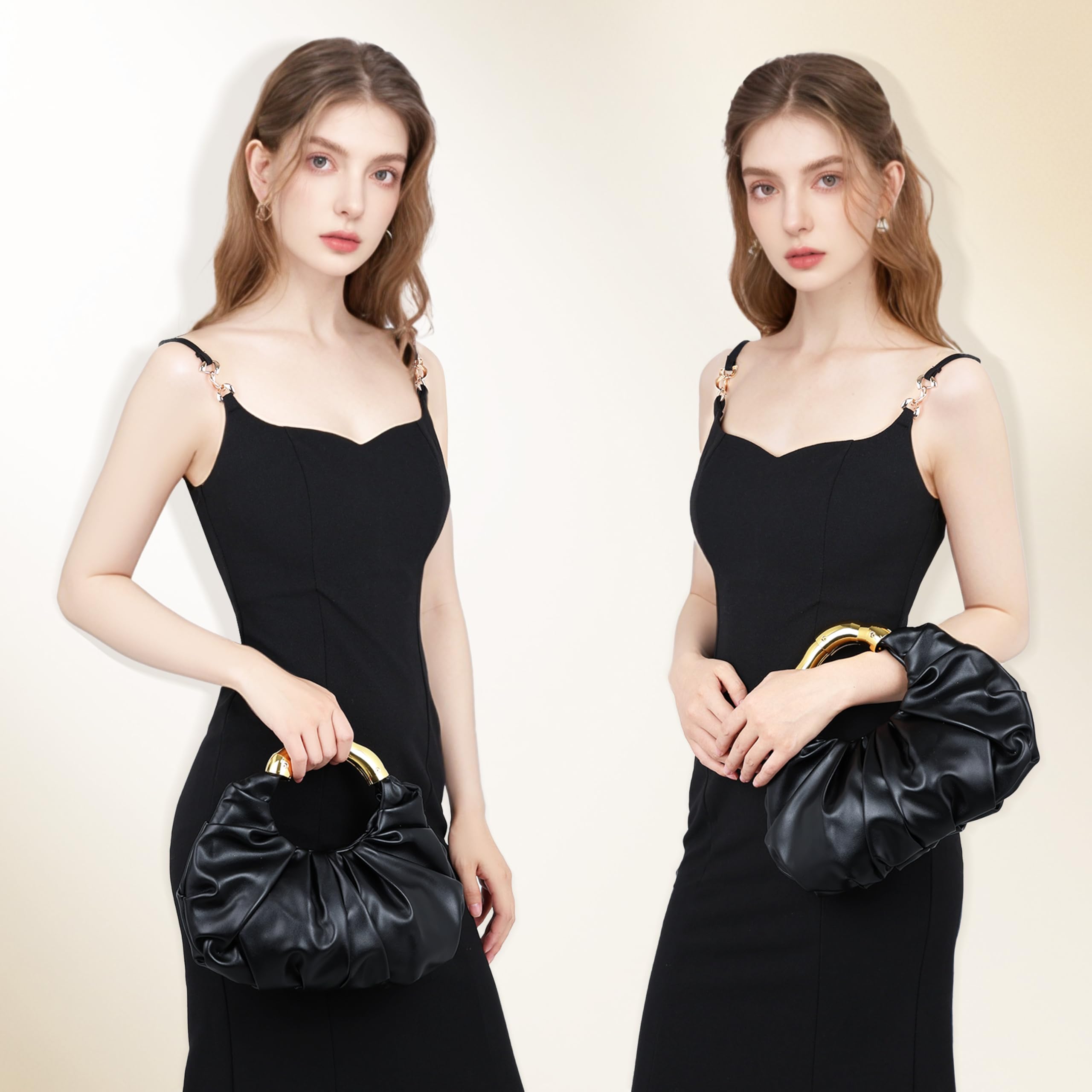 Clutch Purse for Women - Evening Clutch PU Leather Pleated Bag Designer Handbag for Party Prom Wedding: Bamboo Gold Black