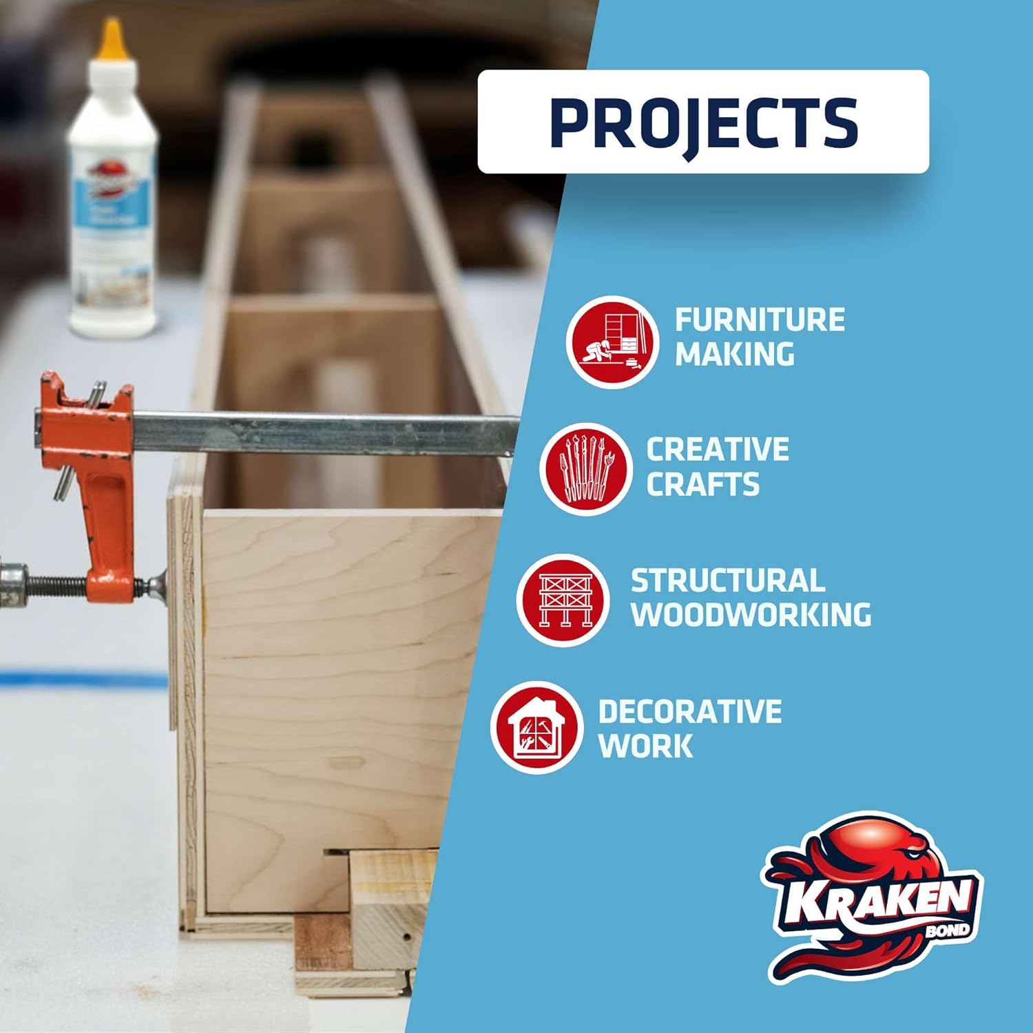 Kraken Bond D2 White Super Wood Glue - (12x13.5 fl.oz) PVA Heavy Duty Wood Glue for Repair, Woodworking, Furniture Assembly & Creative Crafts - Clear Drying Water Based Carpenter Glue - 12 Pack