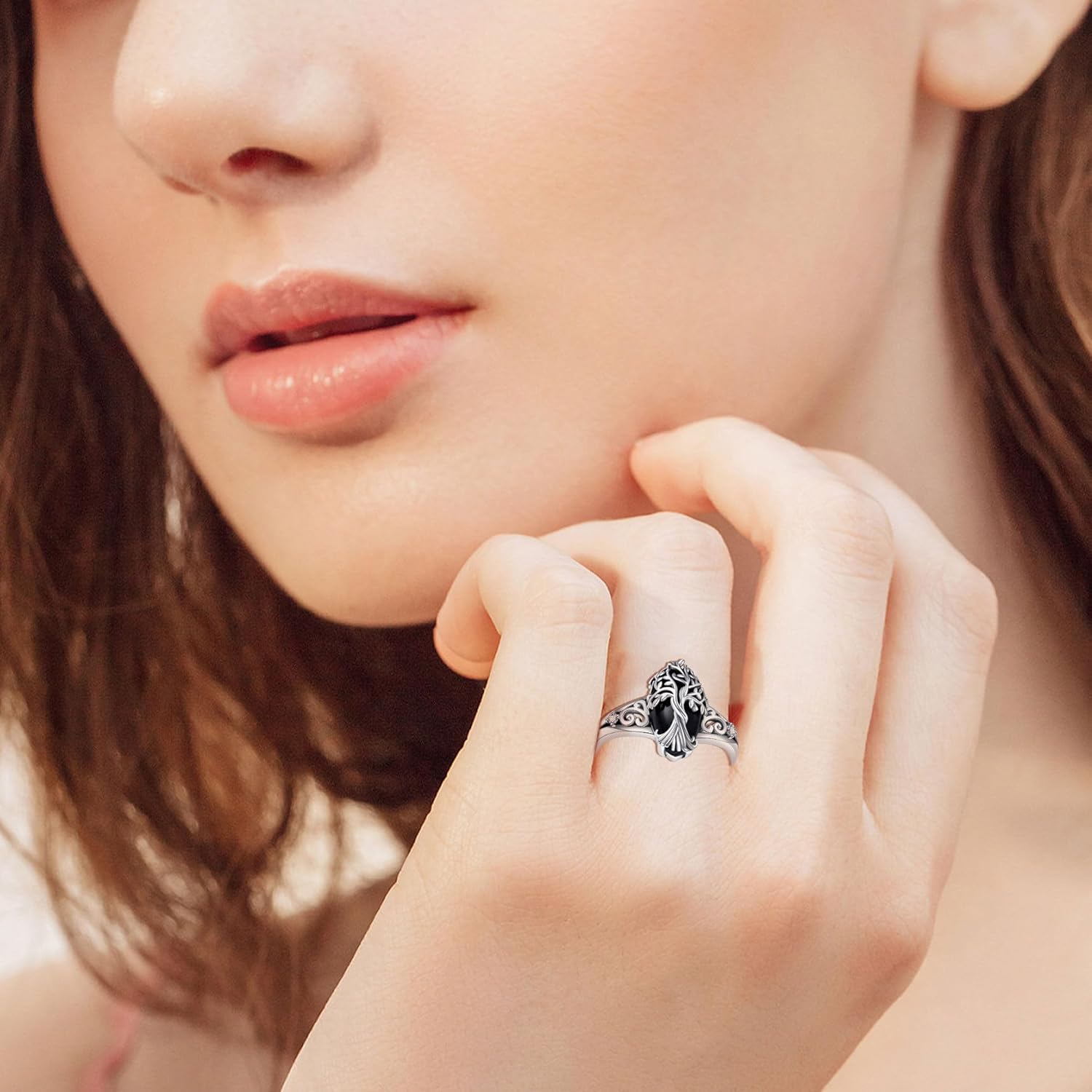 YAFEINI Black Tourmaline Ring 925 Sterling Silver Tree of Life Rings Black Onyx Rings Healing Jewelry Spiritual Protection Gifts for Women - Image 6