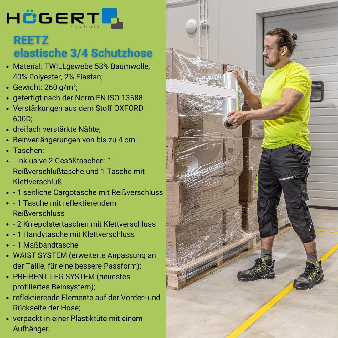 Högert Technik - Reetz elastische 3/4 Schutzhose schwarz |Twill-Gewebe | Shorts mit Taschen | Herren Kurz Arbeitshose | Arbeitsshorts Arbeitshosen Männer | EN ISO 13688
