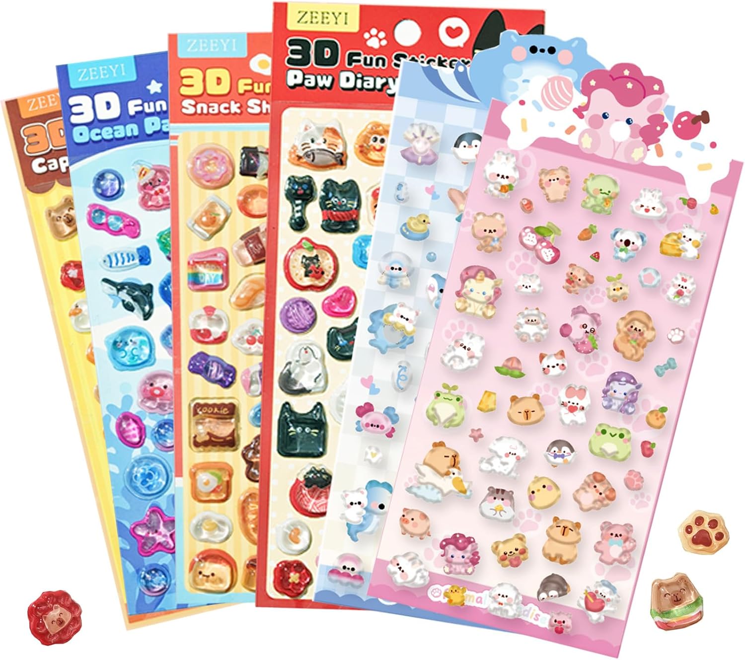 6 Sheets 3D Puffy Stickers, Resin Raised Stickers (Capybara, Ocean Park, Paw Diary Wait), Kawaii Waterproof Stickers for Journaling, Scrapbooking, Phone Case, Planner, DIY Crafts for Teens Adults