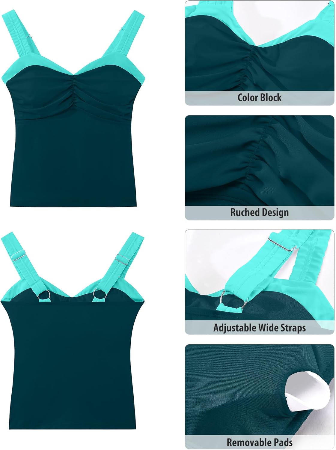 GRAPENT Tankini Tops for Women Colorblock Ruched Swimsuits Beach Padded Adjustable Straps Modest Swimwear Swim Tops Only - Image 5
