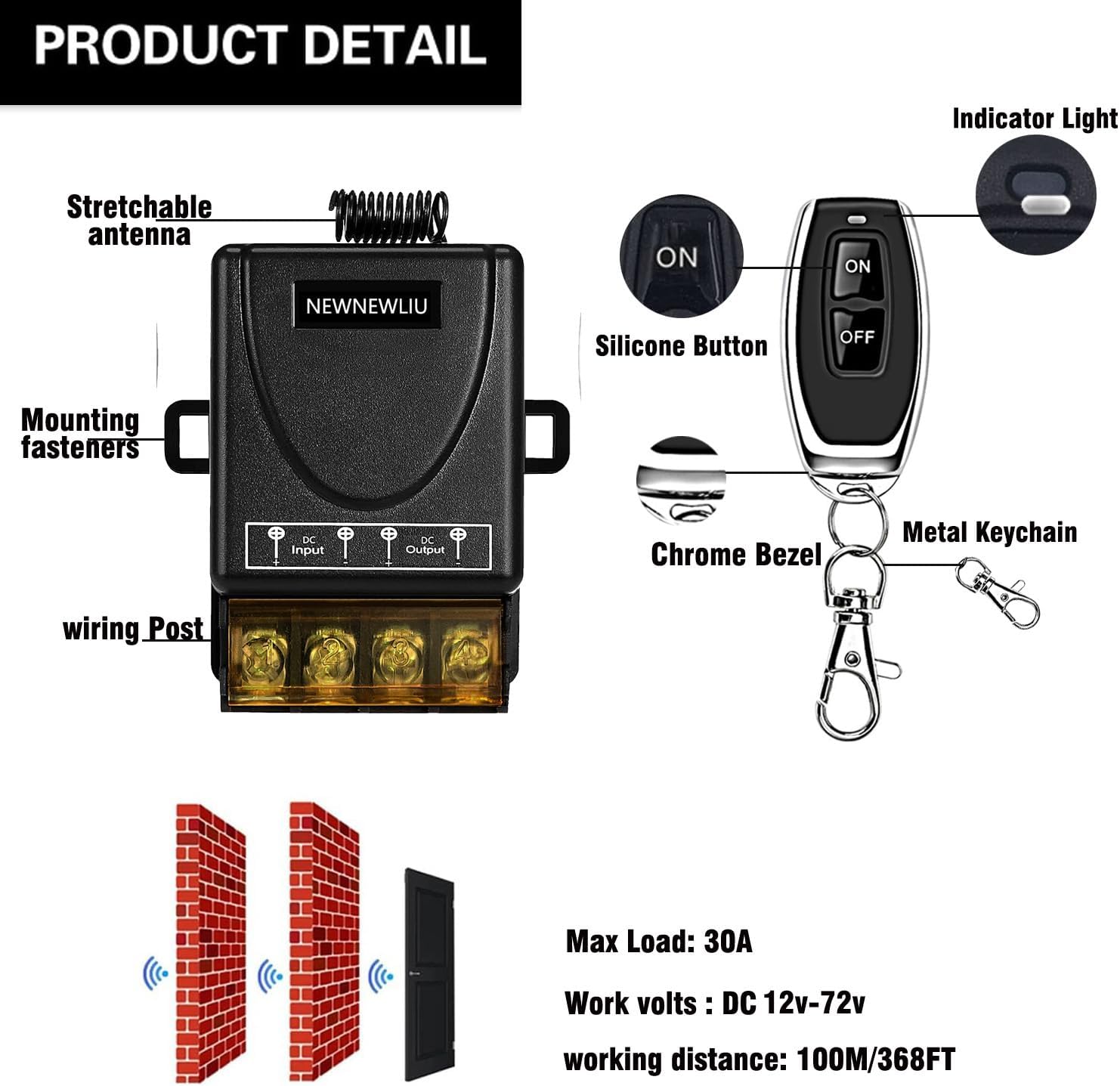 12 Volt Remote Switch Wireless,DC12V/24V/48V/72V/30A Relay,Remote Control Switch,RF Remote Control with 328FT Long Range for All Kinds DC Motors,Fans lamp, Roller Lind Door.