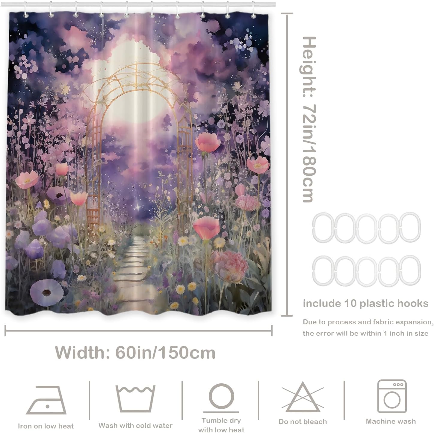Batmerry Garden Arch Moonlit Decor Shower Curtain, A Moonlit Garden with Arch Bathroom Decor Polyester Fiber Plastic Rings Quick-Drying Waterproof for Bathtubs/Bathroom, 72x60 inches