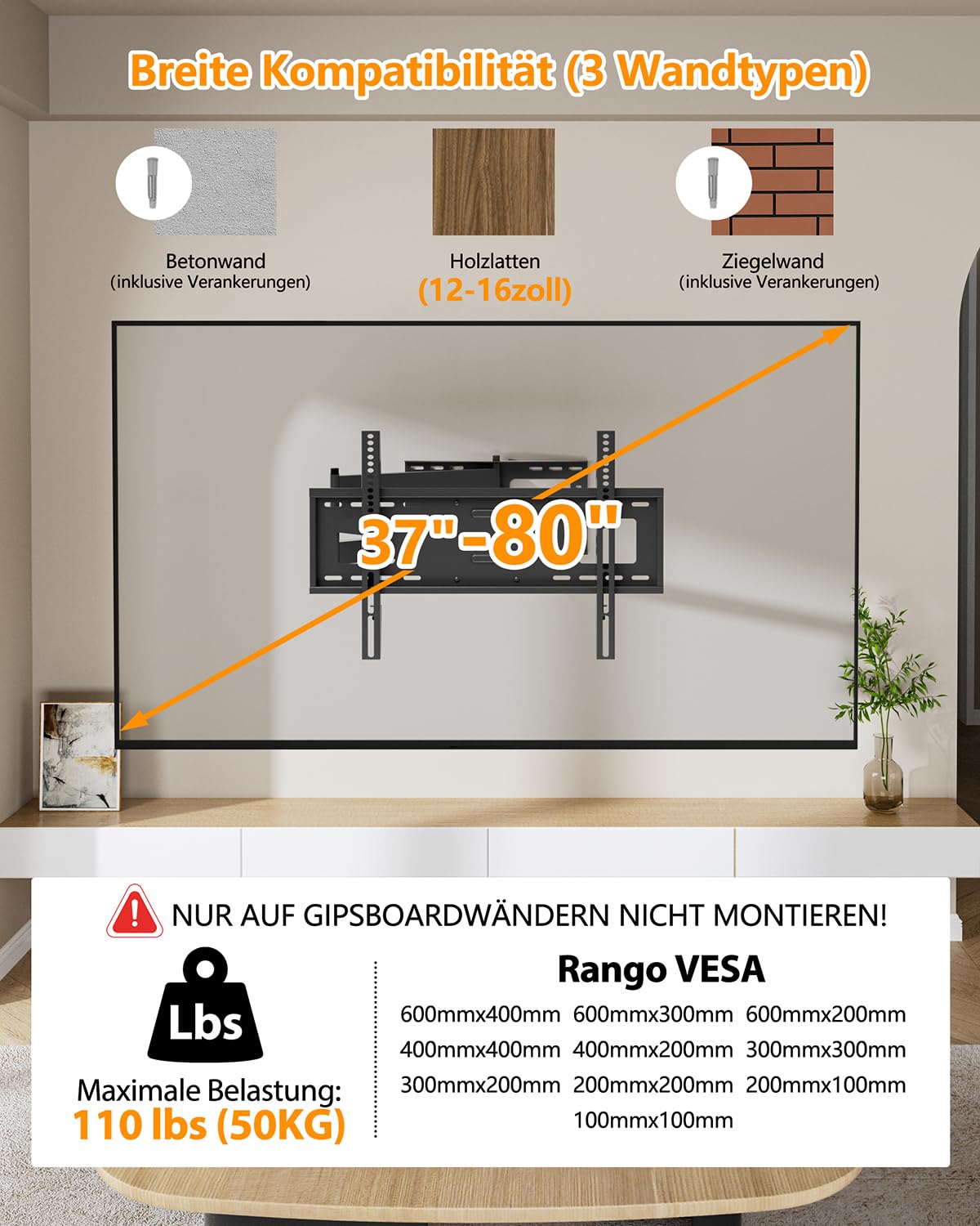 FORGING MOUNT TV Wandhalterung mit 1090 mm Extra langem Arm für 37–80 Zoll Fernseher, Fernseher Halterung Schwenkbar, Neigbar, Voll bewegliche TV Halterung, Max VESA 600x400mm, bis zu 50kg