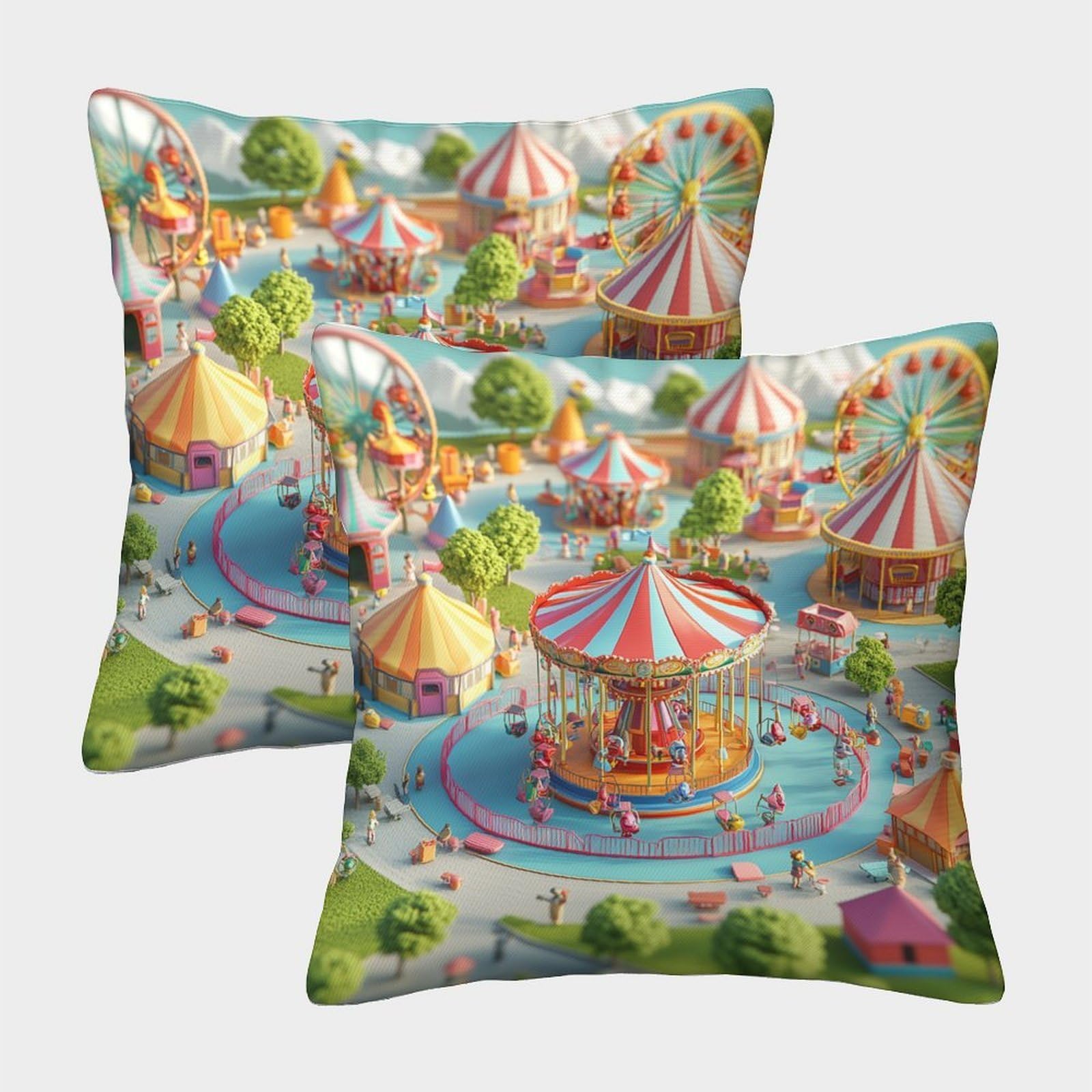 QFVANSIYO Whimsical Amusement Park 3D Printed Pillowcase Microfiber Bedroom Decor Carnival Pillow Cover for Adults Teens Home 50x50cm