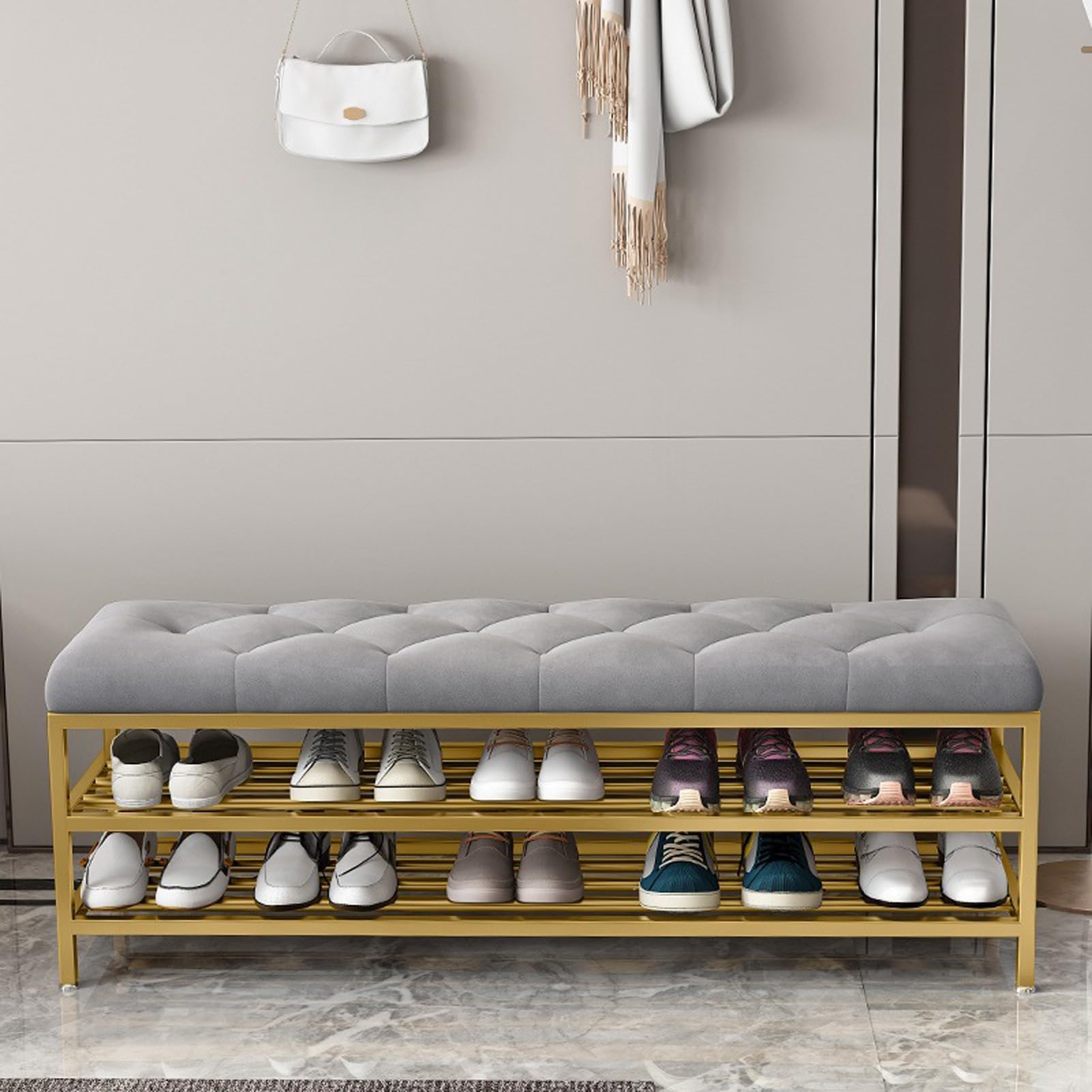 Banc à chaussures moderne avec banquette rembourrée pour entrée et chambre