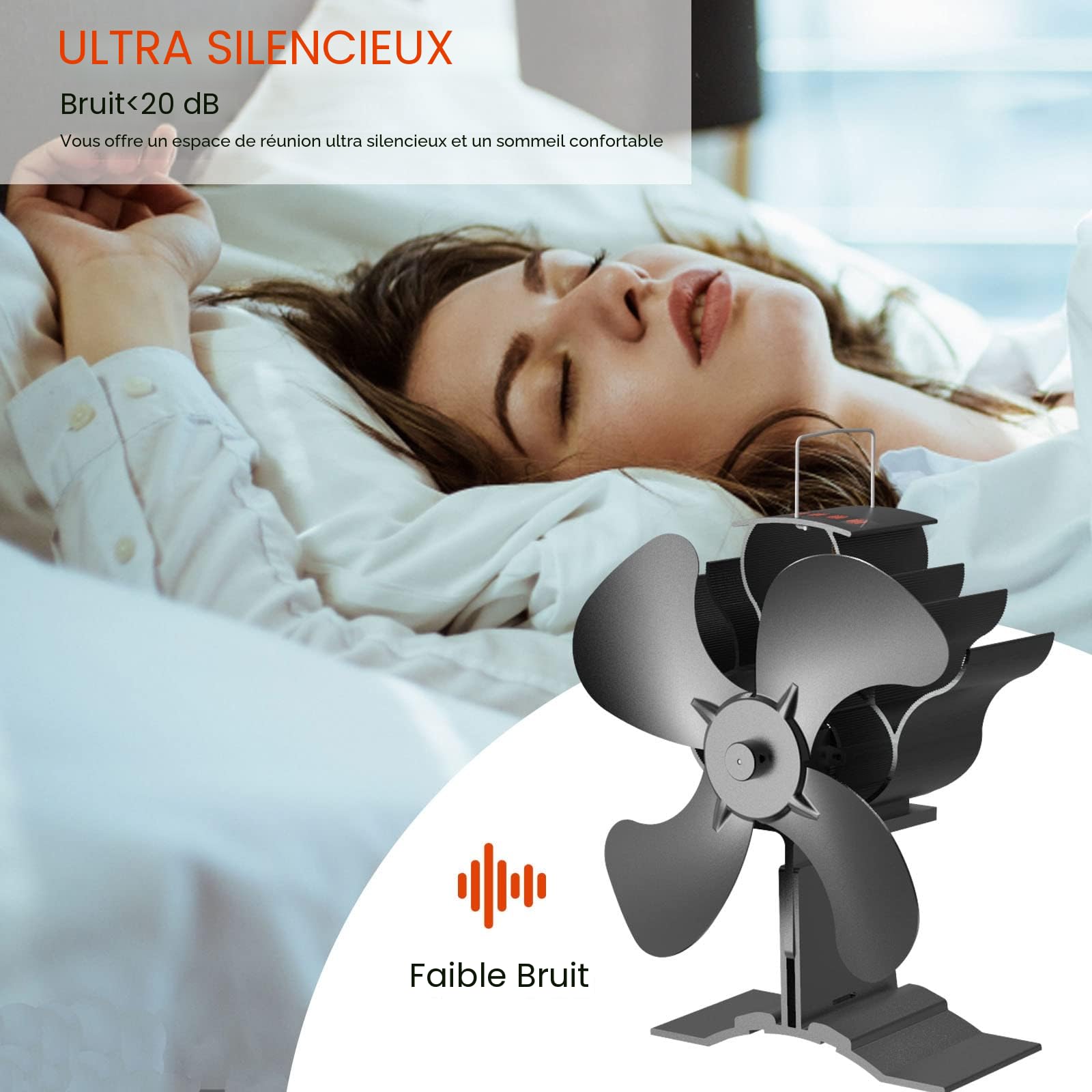 2 en 1 Silencieux Ventilateur de Poêle à Bois/à Granulés avec Theromètre, pour Cheminée/Gaz/Bûche
