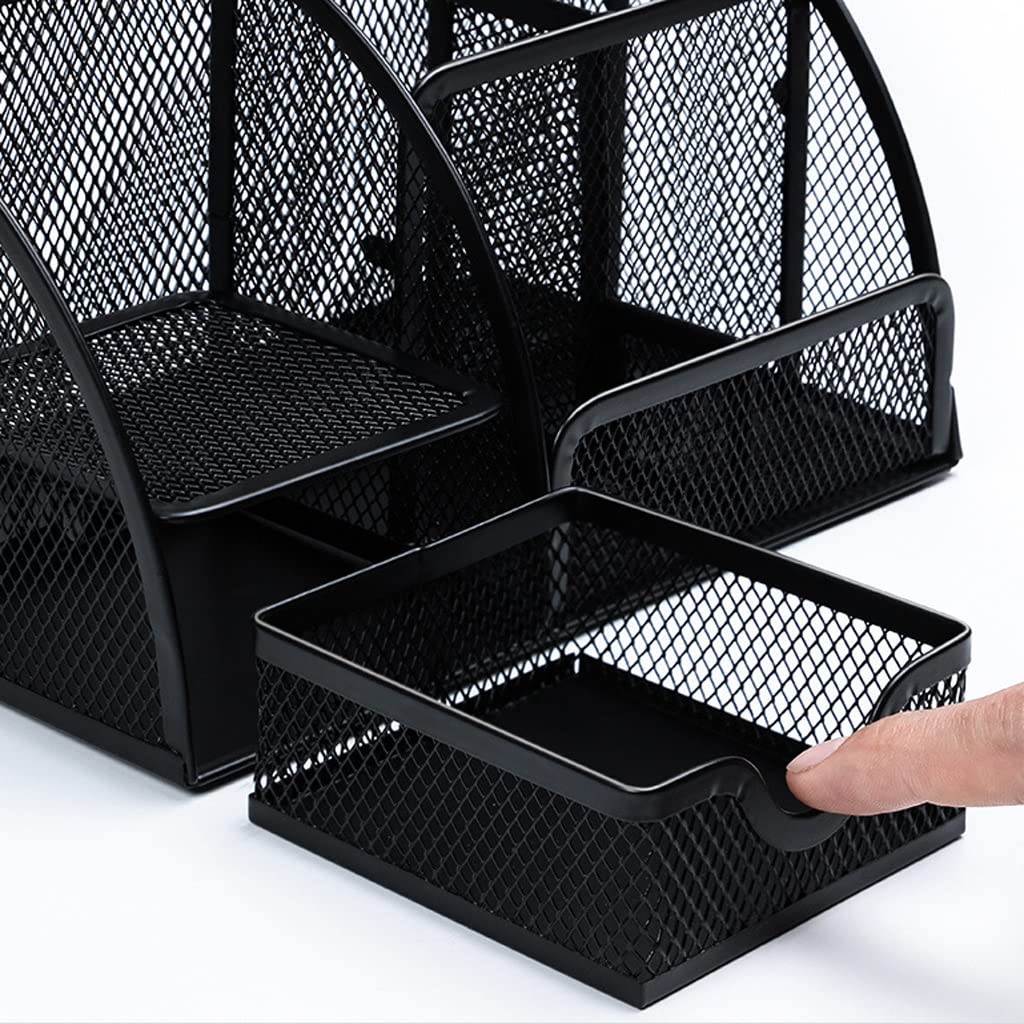 Stifthalter für den Schreibtisch, Netz-Stifthalter, Schreibtisch-Organizer mit 7 Fächern und 1 Schublade, Schwarz, 130 x 140 220 mm