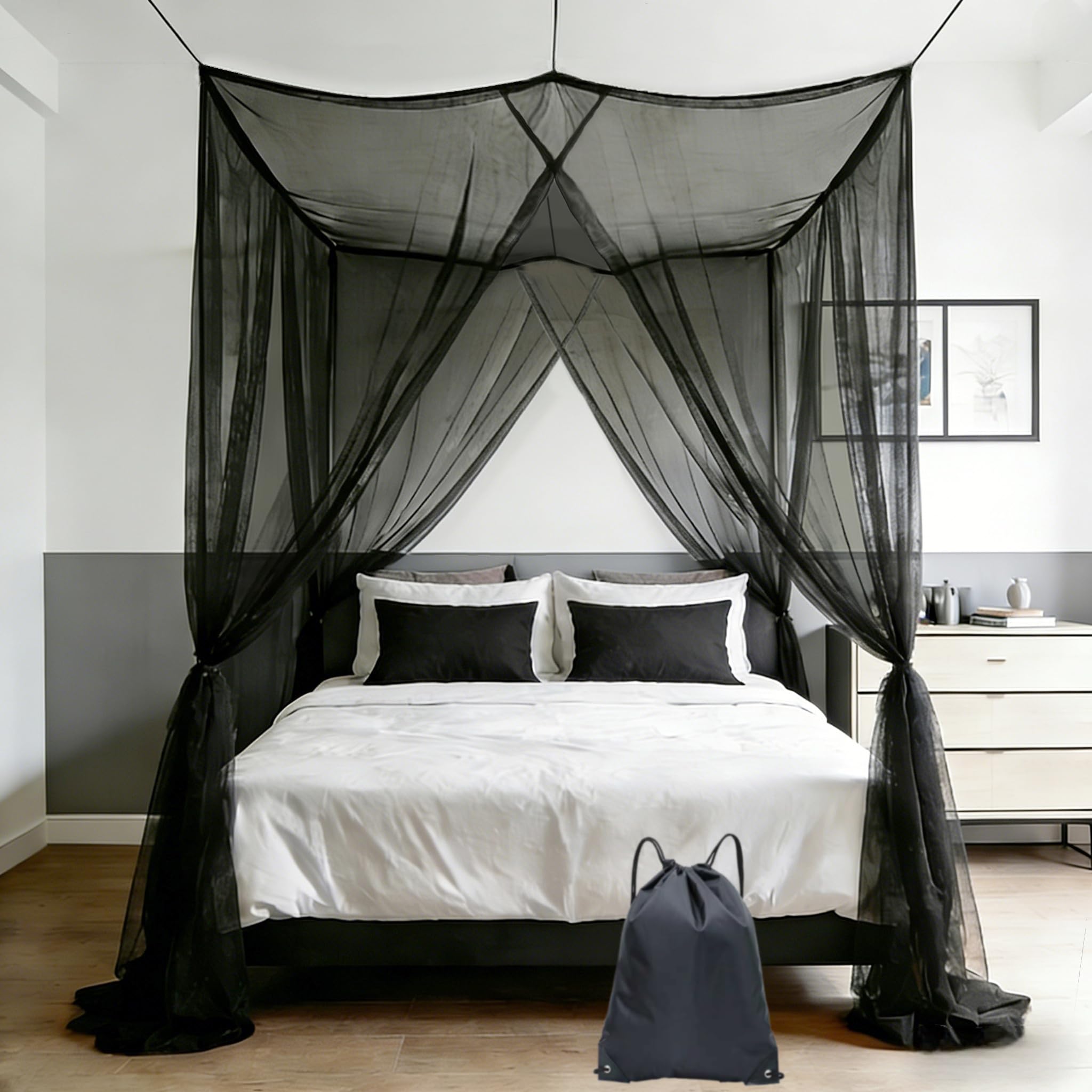 MC-Hotfire Mosquito Net for Single and Double Beds (210×190×240 cm) – Black 4-Corner Bed Canopy with 4 Openings, Includes Hanging Kit & Carry Bag – Fine Mesh Insect Net for Bedroom, Camping & Travel