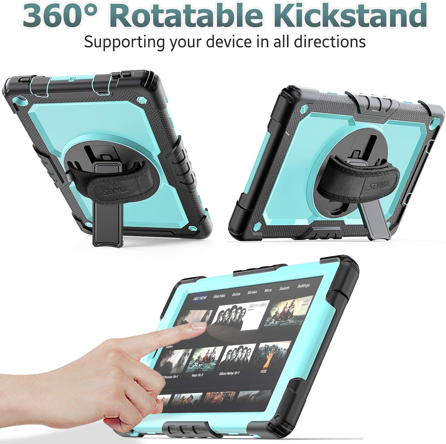 (NOT fit The 11th 2021) Amazon Fire HD 10 Case (ONLY fit 9th/7th Generation 2019/2017) with Screen Protector Pencil Holder [360 Rotating Hand Strap] &Stand, Drop-Proof Tablet Case (SkyBlue+Black)
