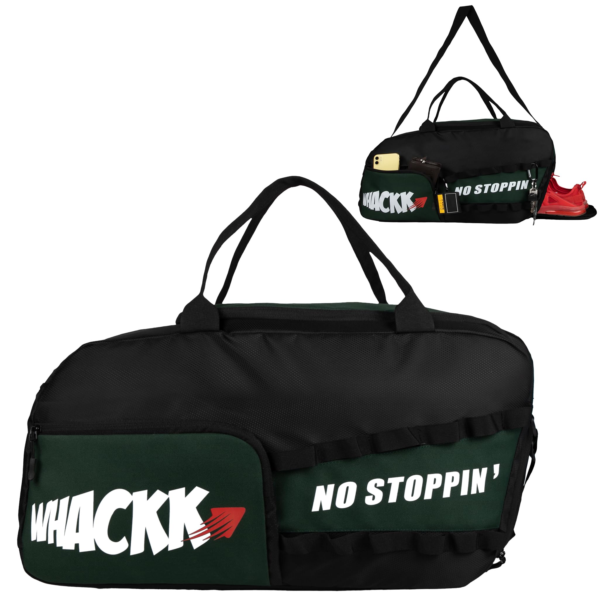 Whackk Arnold 40L Gym & Sports Duffle Bag | Workout, Training & Travel Kitbag with Separate Shoe & Wet-Dry Pocket | Unisex | Lightweight | Made in India (Green Black)