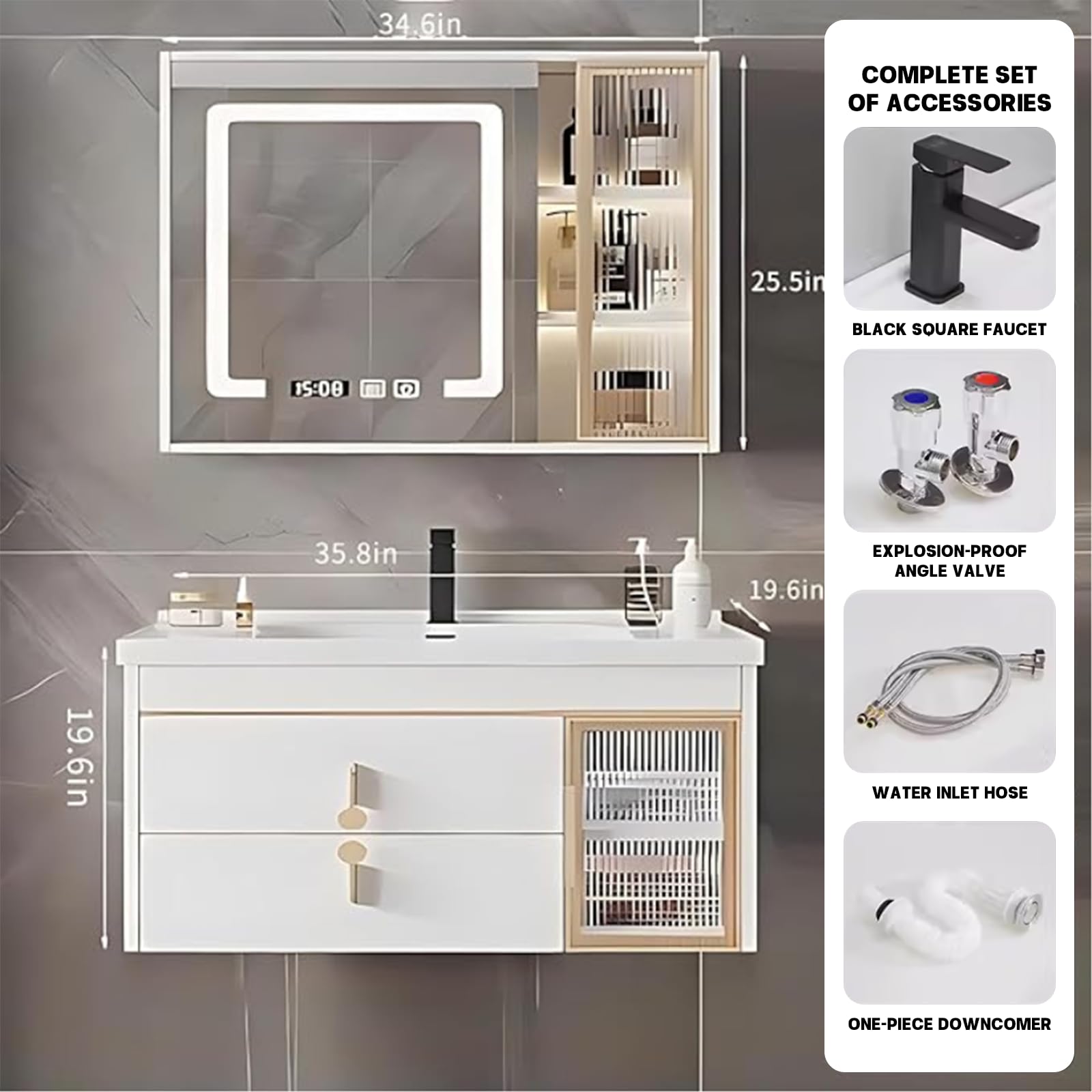 91,4 cm schwimmender Badezimmer-Waschtisch mit Waschbecken, Smart LED Defog Spiegel, Ambient Light Strip, mehrschichtiges Massivholz, modernes weißes Design, stilvolle Aufbewahrungslösung für Zuhause