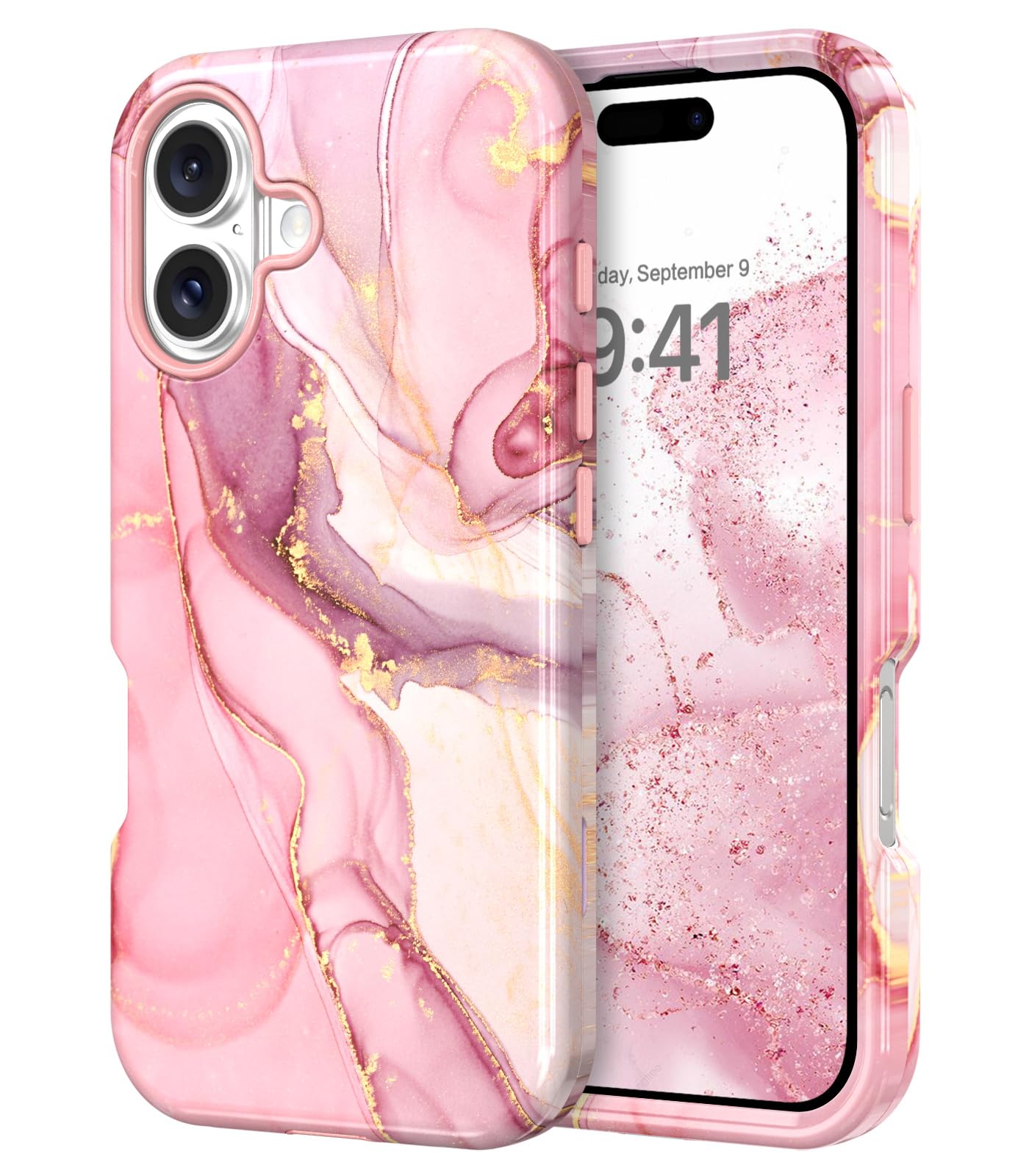 YINLAI for iPhone 17 Case Marble Pattern 3 in 1 Full Body Rugged Hard PC Back Cover Bumper, Soft Silicone Drop Shockproof Protection Girly Women Case for Phone 17 6.3", Rose Pink